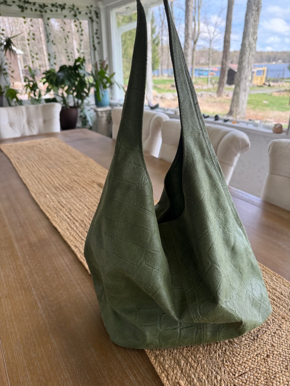 Olive Green Croc-Texture Shoulder Tote